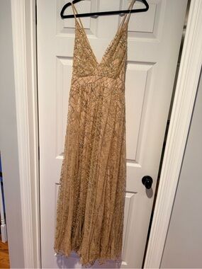 Luxxel gold sequin & Beaded deep V-Neck maxi Evening Dress